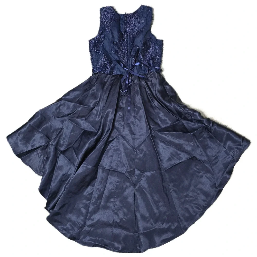 Girls Navy Blue Lace Overlay High‎ Low Dress with Rhinestone Belt Special (AC)